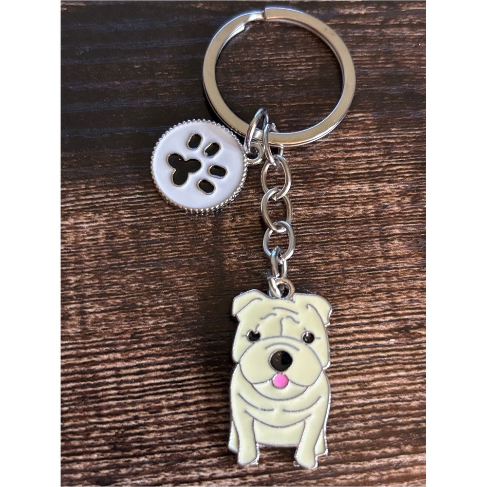 English Bulldog Enamel Keychain Silver Tone Paw Print Charm Pet Lover Gift
